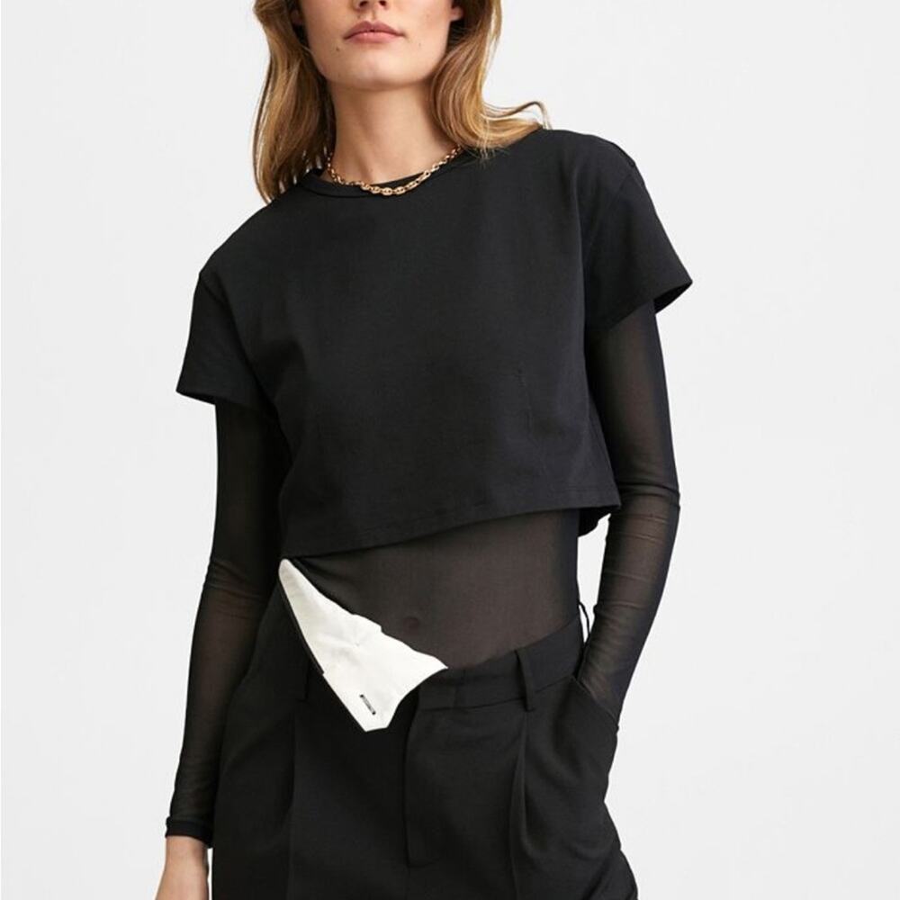 Mango Double-Layer Cotton Mesh Long Sleeve T-Shirt Black L Grunge Goth Festival